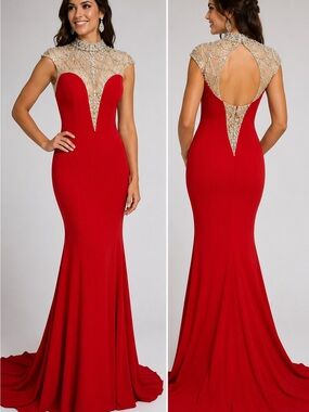 Panoply 14727 Red Crystal Beaded Mermaid Pageant Gown Dress Size 6